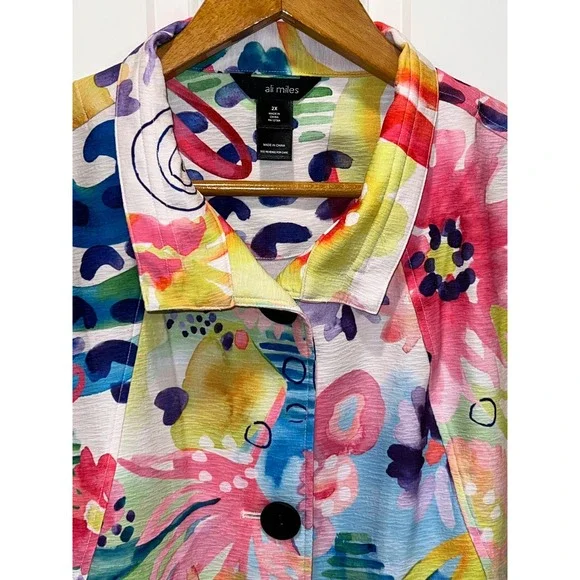 NWT Ali Miles Womens 2X Floral Watercolor Button Front Jacket Bell Sleeve - Picture 2 of 7
